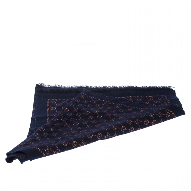 Pre Owned Gucci Navy Blue Wool and Silk Blend Metallic Monogram Guccissima Scarf