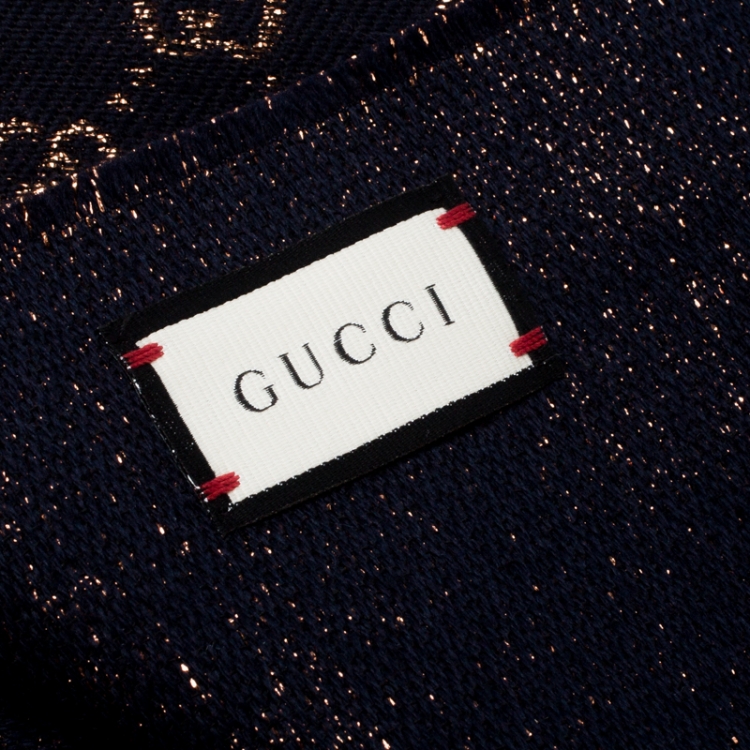 Pre Owned Gucci Navy Blue Wool and Silk Blend Metallic Monogram Guccissima Scarf