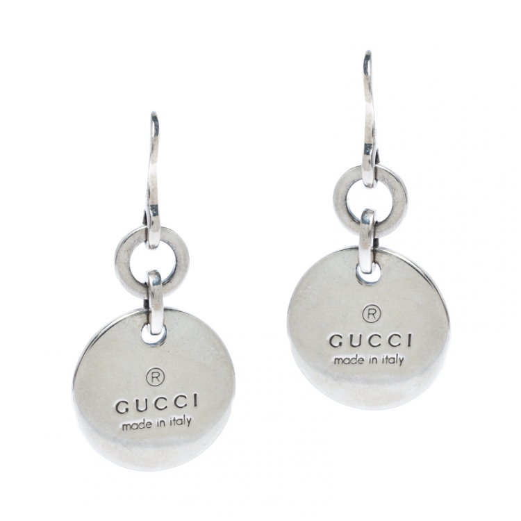 Pre Owned Gucci Trademark Round Tag Sterling Silver Earrings