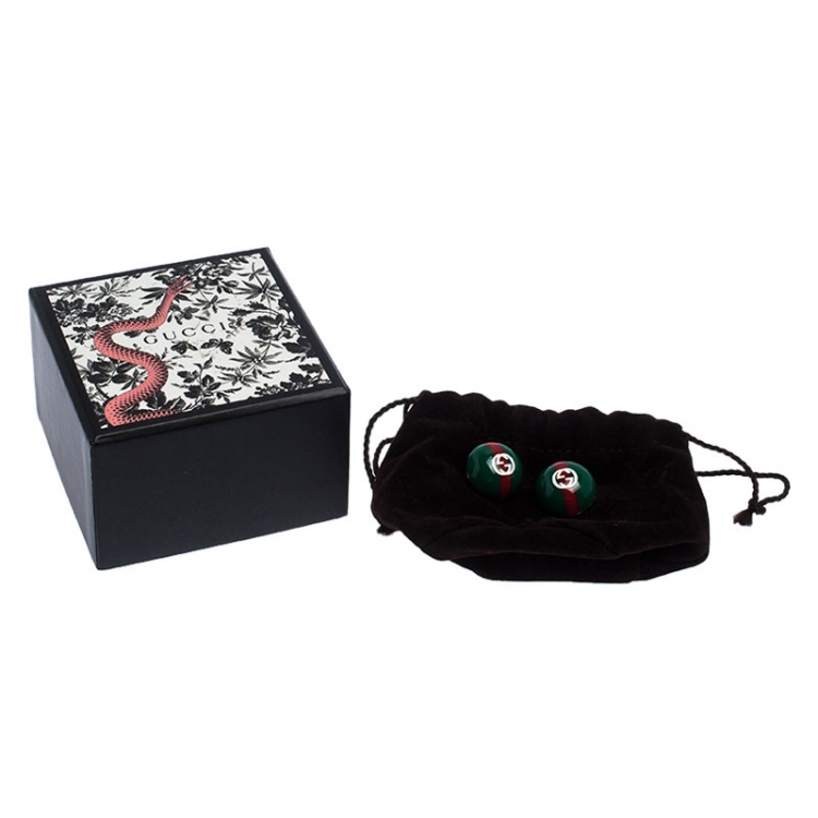 Pre Owned Gucci Red and Green Enamel Vintage Web Stud Earrings