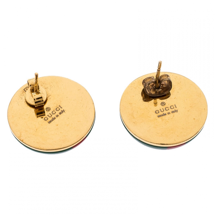 Pre Owned Gucci Red and Green Enamel Vintage Web Stud Earrings