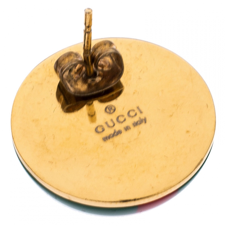 Pre Owned Gucci Red and Green Enamel Vintage Web Stud Earrings