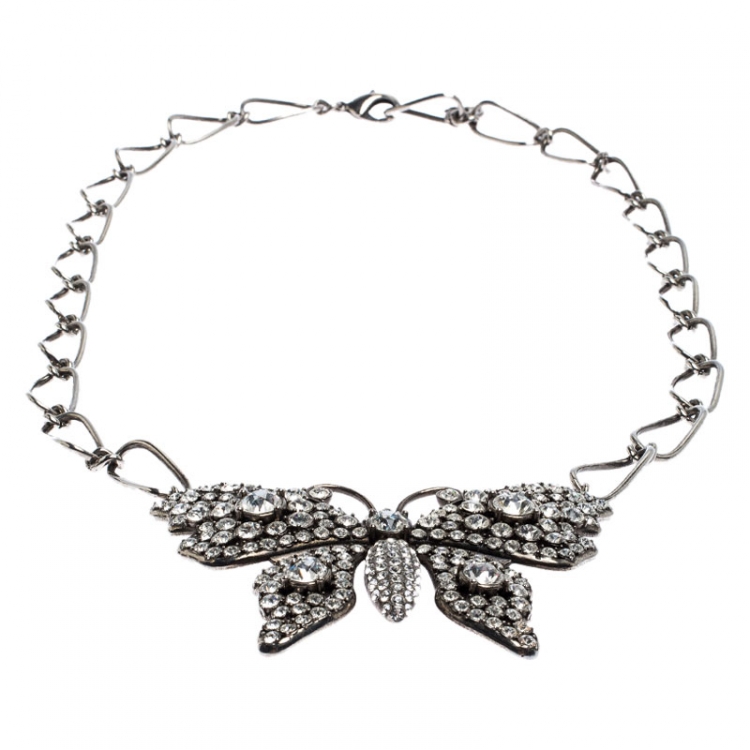 مملوكة مسبقًا Gucci Crystal Embellished Butterfly Palladium Plated Chain Link Necklace