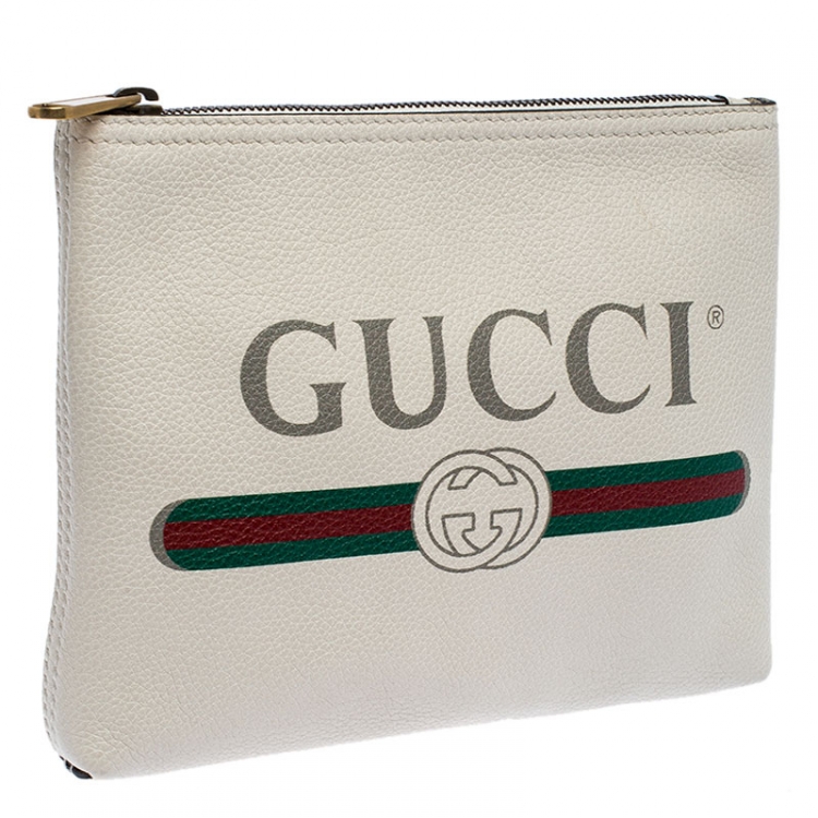 Pre Owned Gucci White Leather Logo Print Zip Pouch