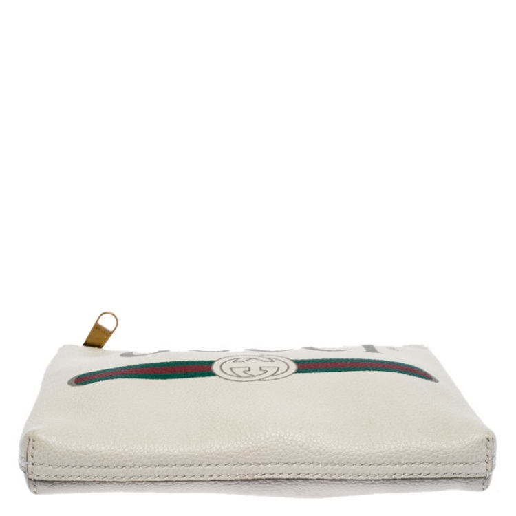 Pre Owned Gucci White Leather Logo Print Zip Pouch