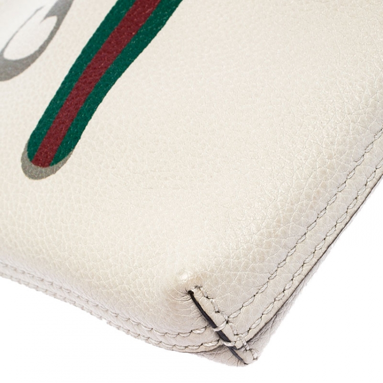 Pre Owned Gucci White Leather Logo Print Zip Pouch