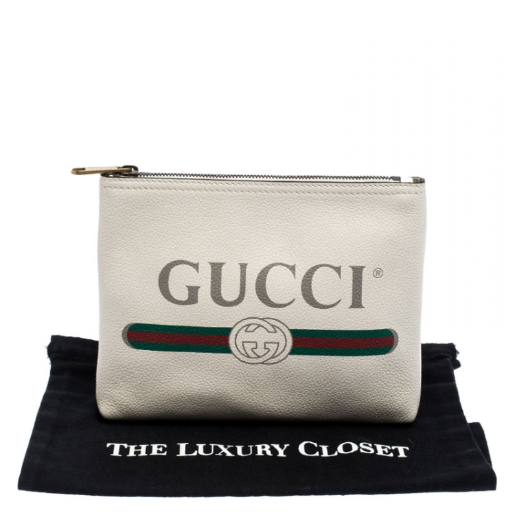 Pre Owned Gucci White Leather Logo Print Zip Pouch