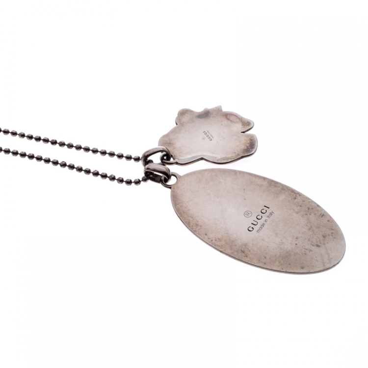 Pre Owned Gucci Printed Silver Double Dog Tag Pendant Necklace