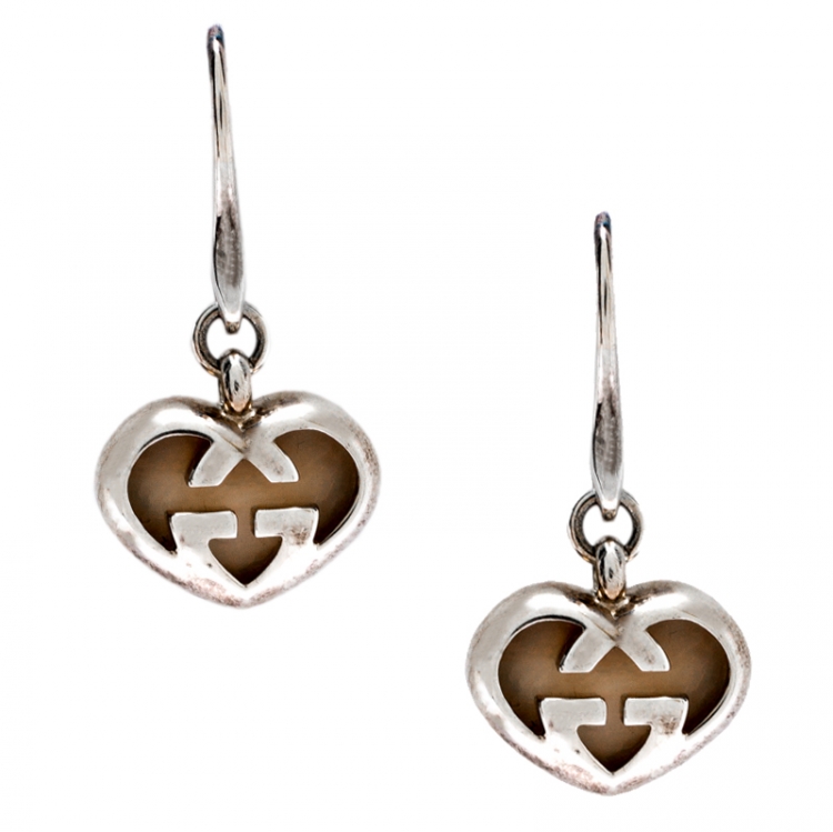 مملوكة مسبقًا Gucci Love Britt Pink Stone Silver Drop Hook Earrings