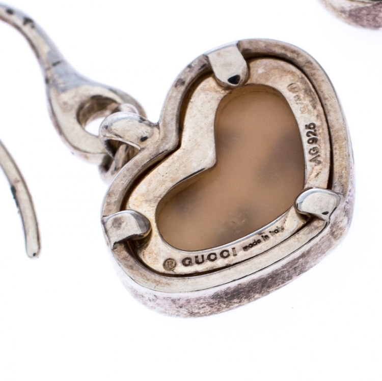 مملوكة مسبقًا Gucci Love Britt Pink Stone Silver Drop Hook Earrings