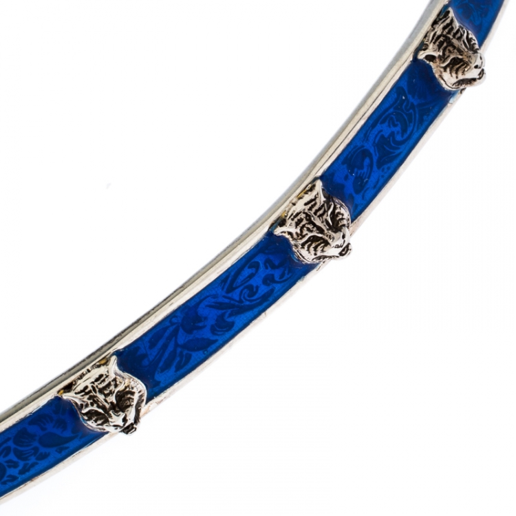 Pre Owned Gucci Blue Tiger Head Studded Lacquer Engraved Sterling Silver Choker L