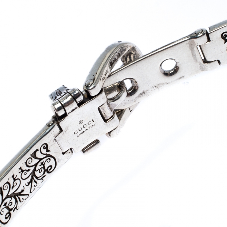 Pre Owned Gucci Blue Tiger Head Studded Lacquer Engraved Sterling Silver Choker L