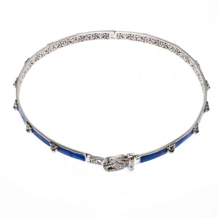 Pre Owned Gucci Blue Tiger Head Studded Lacquer Engraved Sterling Silver Choker L