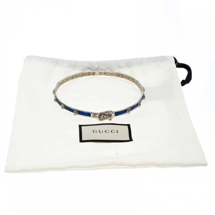 Pre Owned Gucci Blue Tiger Head Studded Lacquer Engraved Sterling Silver Choker L
