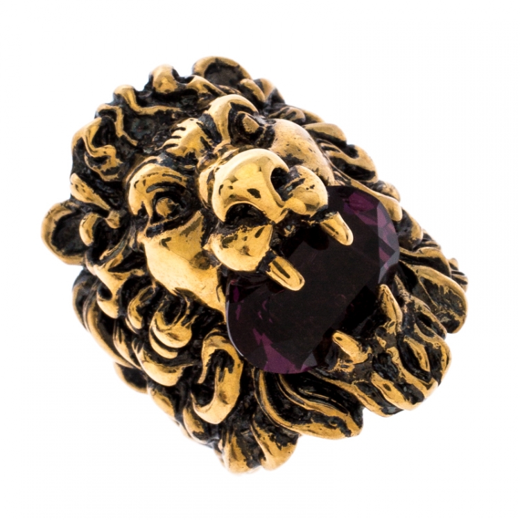 Pre Owned Gucci Aged Gold Finish Lion Head with Crystal Ring Size EU 57