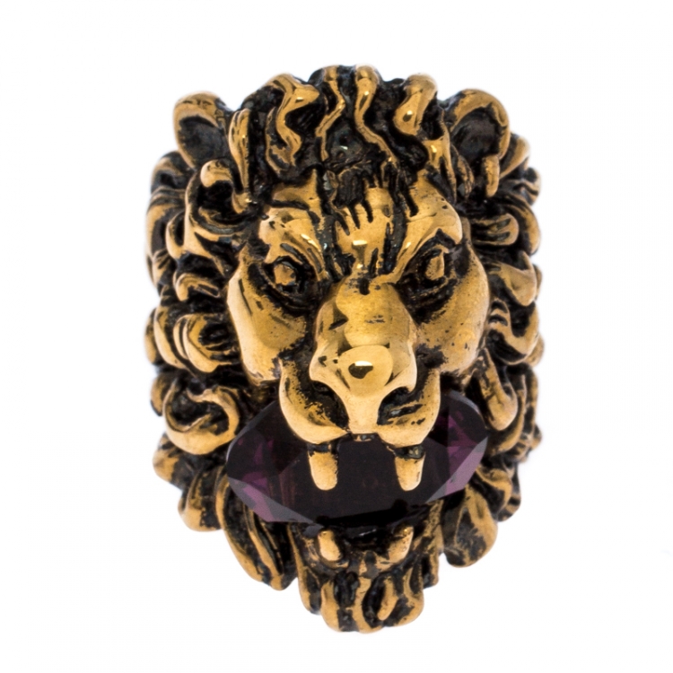 Gucci Aged Gold Finish Lion Head with Crystal Ring Size EU 57