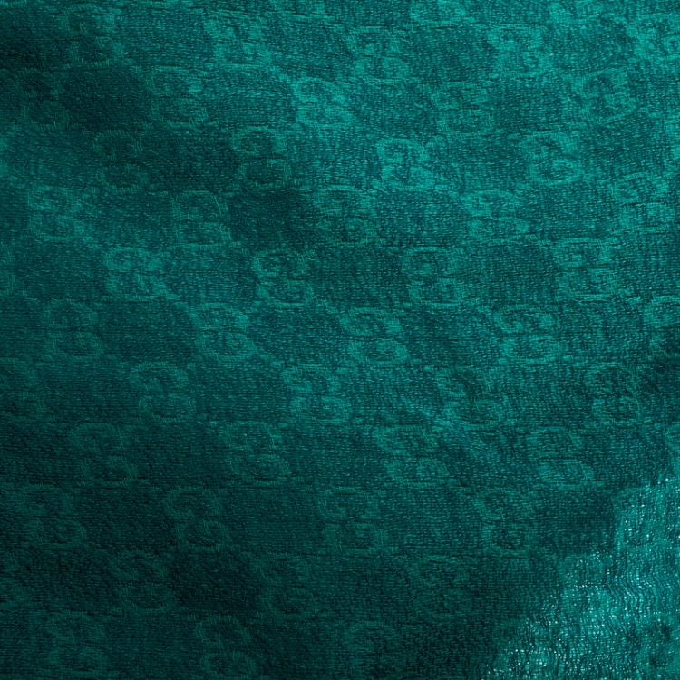 Pre Owned Gucci Teal Monogram Pattern Jacquard Wool Blend Stole