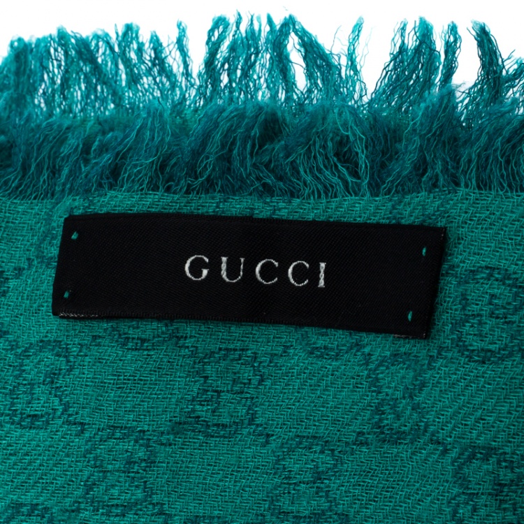 Pre Owned Gucci Teal Monogram Pattern Jacquard Wool Blend Stole