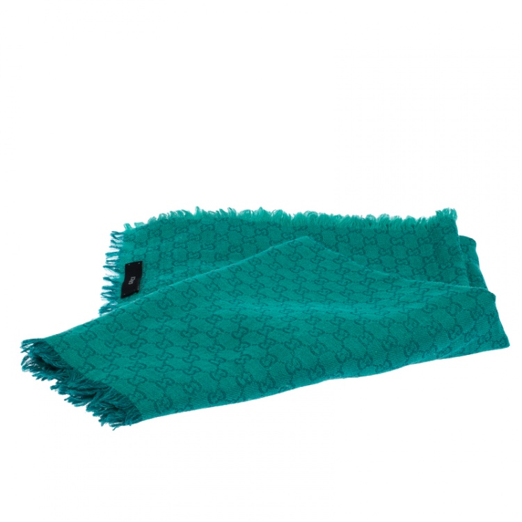 Pre Owned Gucci Teal Monogram Pattern Jacquard Wool Blend Stole