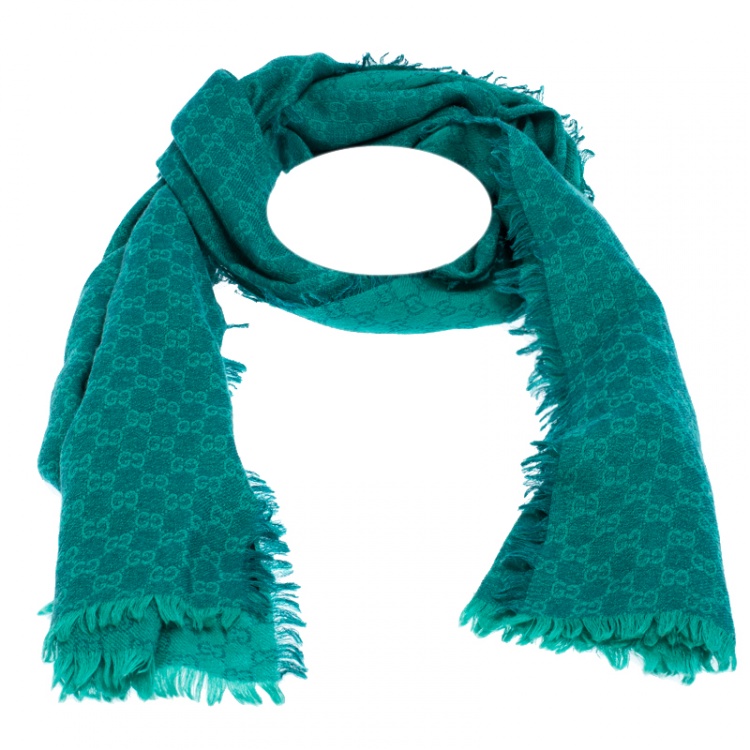 Pre Owned Gucci Teal Monogram Pattern Jacquard Wool Blend Stole