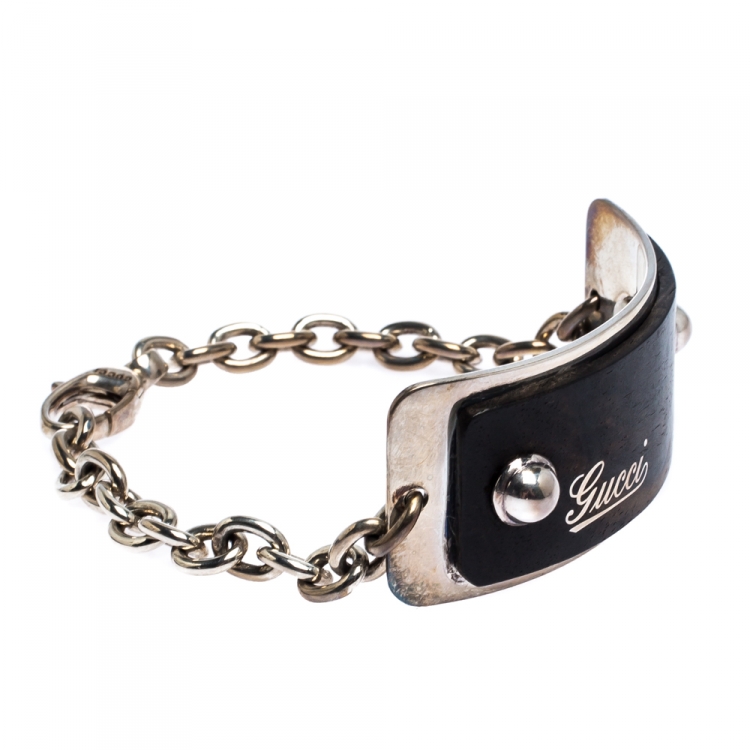 Pre Owned Gucci Wooden Silver Tag Chain Link Bracelet