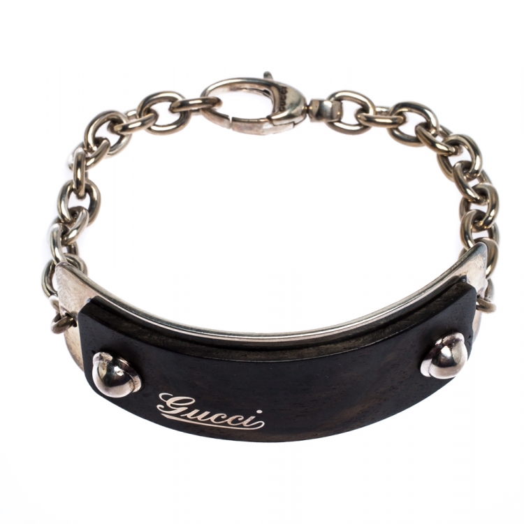 Pre Owned Gucci Wooden Silver Tag Chain Link Bracelet
