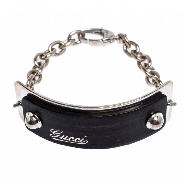 Pre Owned Gucci Wooden Silver Tag Chain Link Bracelet