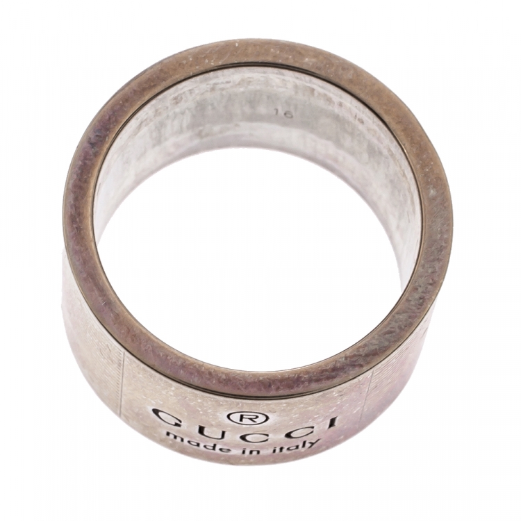 Pre Owned Gucci Trademark Sterling Silver Logo Striped Wide Band Ring 16