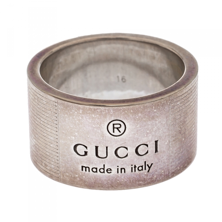 Gucci Trademark Sterling Silver Logo Striped Wide Band Ring 16 Gucci | TLC