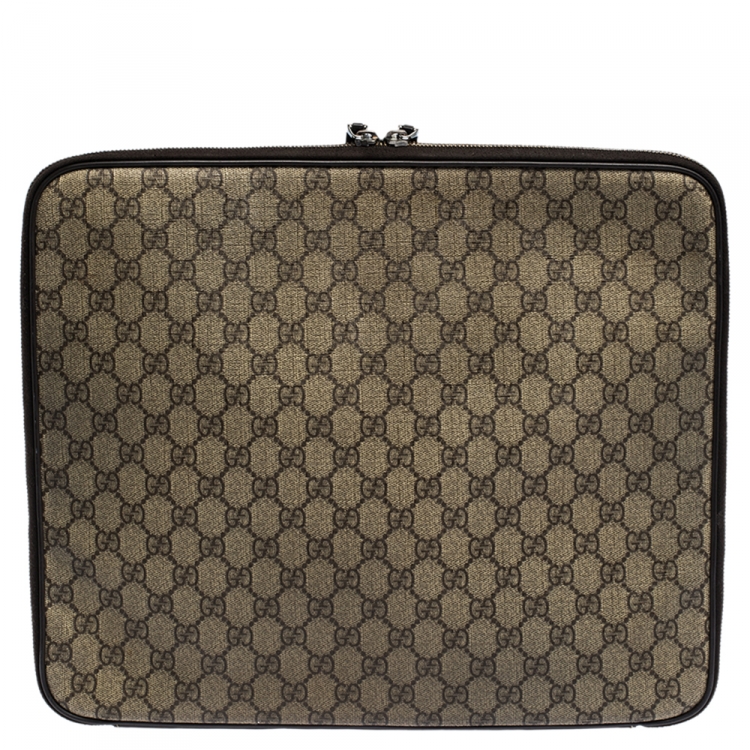 مملوكة مسبقًا Gucci Beige/Brown GG Supreme Canvas and Leather Interlocking Logo Laptop Case