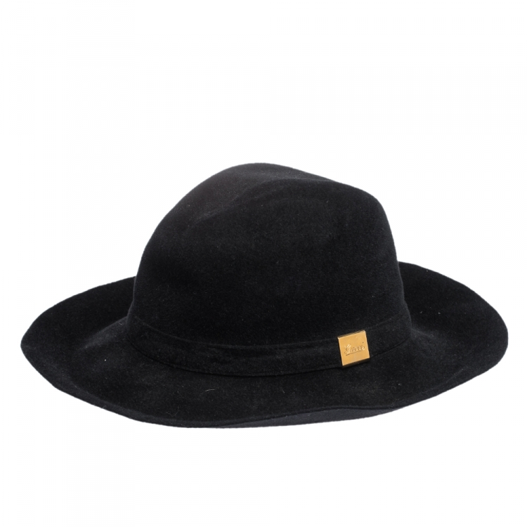 Pre Owned Gucci Black Felted Rabbit Fur Wide Brim Hat L