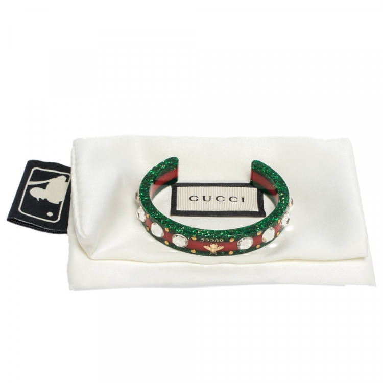 Pre Owned Gucci Red & Green Speckled Resin Crystal Open Cuff