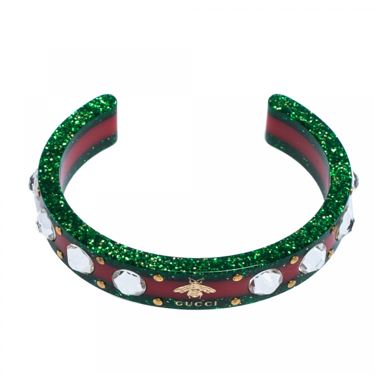 Pre Owned Gucci Red & Green Speckled Resin Crystal Open Cuff