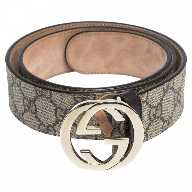 Gucci Beige/Black GG Supreme Canvas and Leather Interlocking G Buckle Belt  85CM Gucci