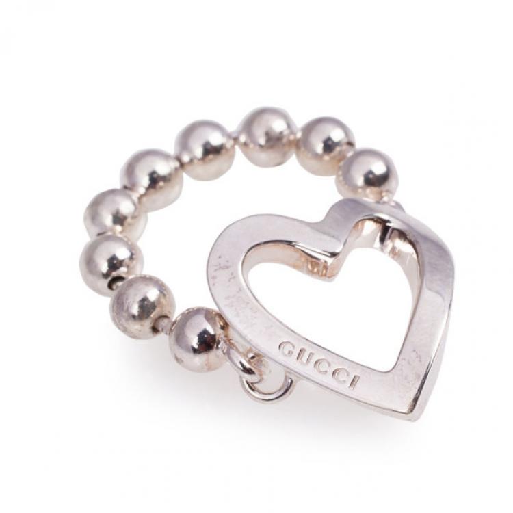 Pre Owned Gucci Silver Heart Chain Ring Size 54