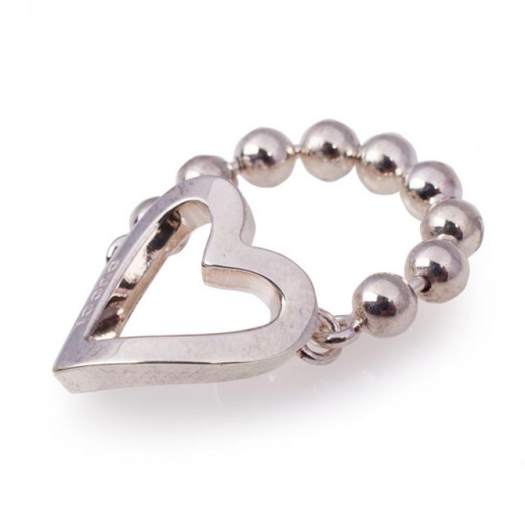 Pre Owned Gucci Silver Heart Chain Ring Size 54