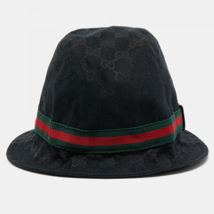 Pre Owned Gucci Black Web Detail GG Canvas Bucket Hat S
