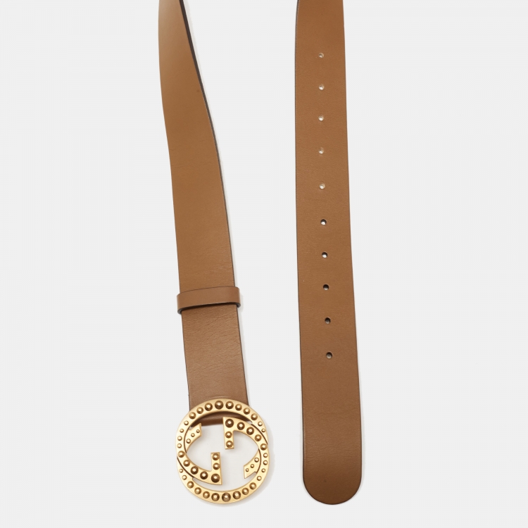 Pre Owned Gucci Brown Leather Interlocking Spike GG Buckle Belt 90CM