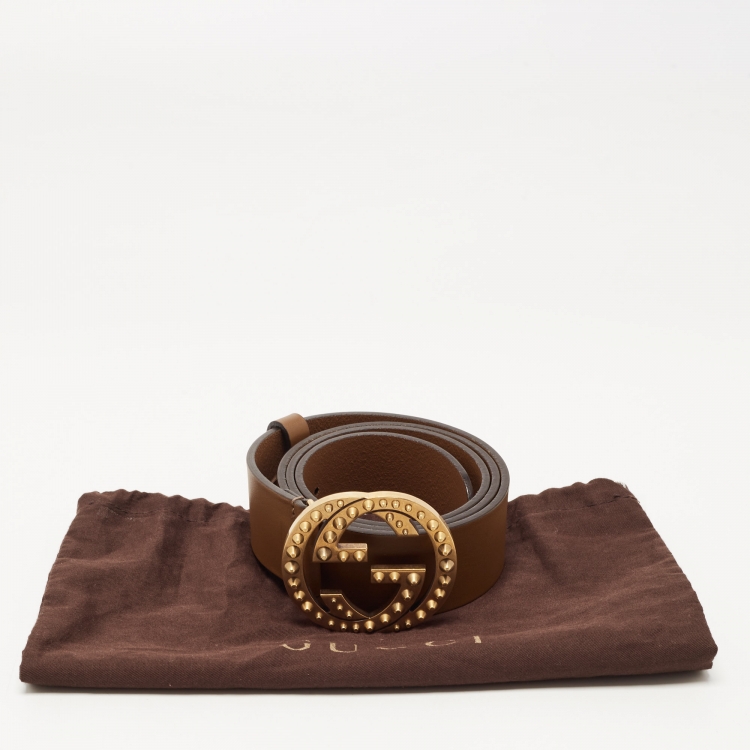 Pre Owned Gucci Brown Leather Interlocking Spike GG Buckle Belt 90CM