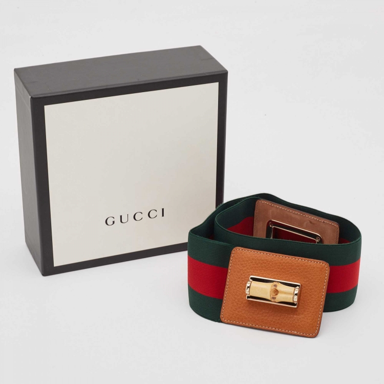 Pre Owned Gucci Green/Red Elastic and Leather Web Bamboo Waist Belt 65 CM