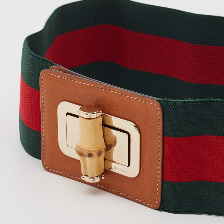 Pre Owned Gucci Green/Red Elastic and Leather Web Bamboo Waist Belt 65 CM