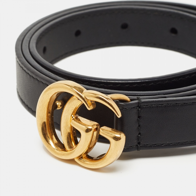 Women's Slim Black Leather Belt With Double G Buckle