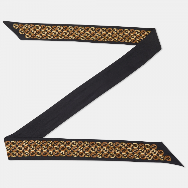 Pre Owned Gucci Black GG Logo Print Charm Detail Silk Bandeau Scarf