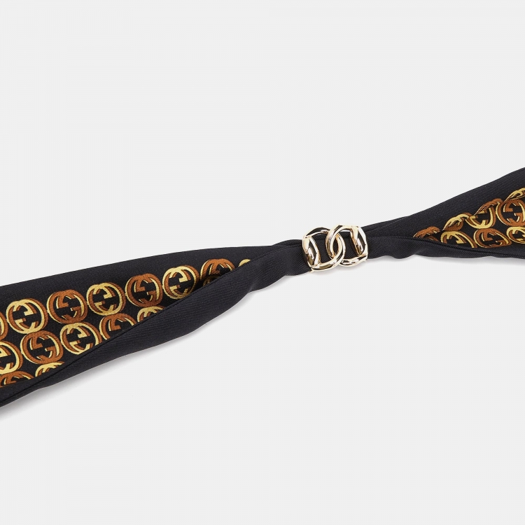 Pre Owned Gucci Black GG Logo Print Charm Detail Silk Bandeau Scarf