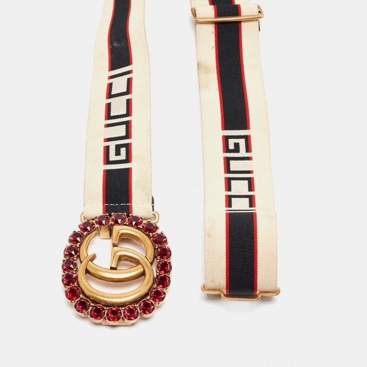 Pre Owned Gucci Off White/Red Stripe Elastic Double G Crystals Belt 85CM