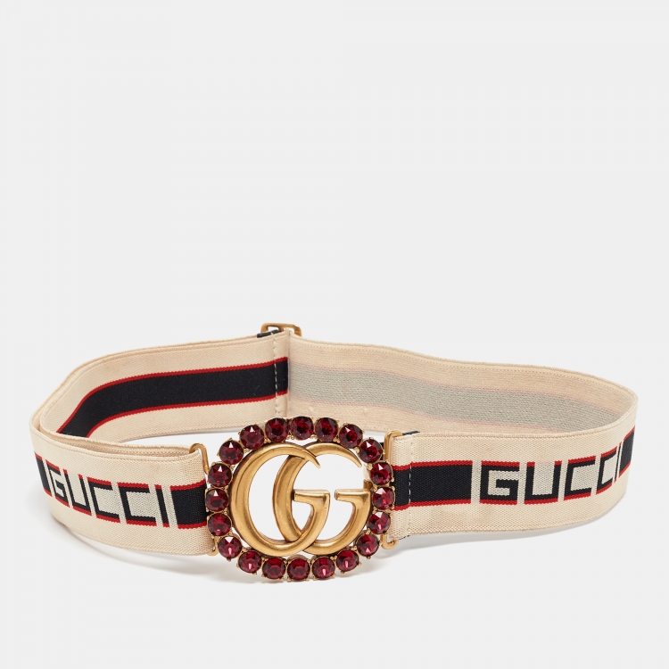 Pre Owned Gucci Off White/Red Stripe Elastic Double G Crystals Belt 85CM