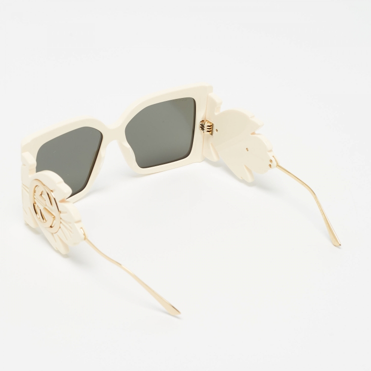 Pre Owned Gucci Cream/Gold GG0535S Leaf Motif Oversized Sunglasses