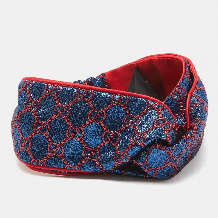 Pre Owned Gucci Blue/Red Metallic Lurex Silk GG Supreme Headband
