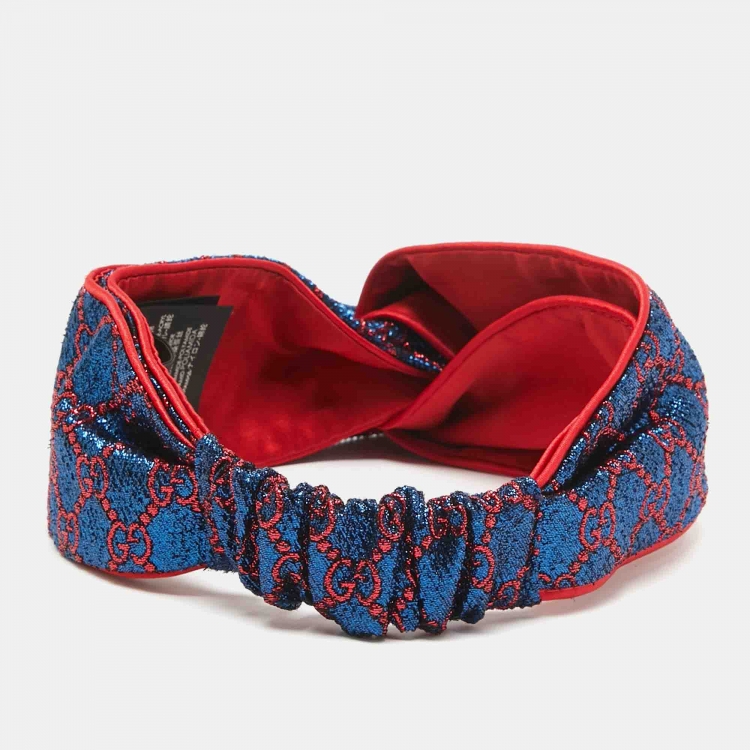 Pre Owned Gucci Blue/Red Metallic Lurex Silk GG Supreme Headband