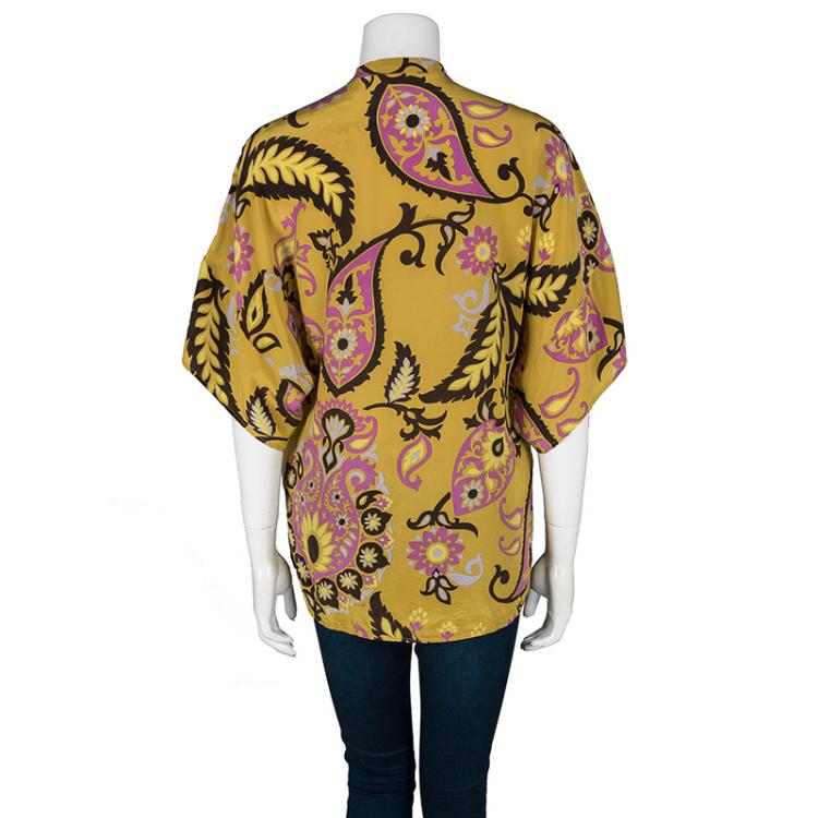 Pre Owned Gucci Yellow Paisley Printed Silk Oversized Blouse M